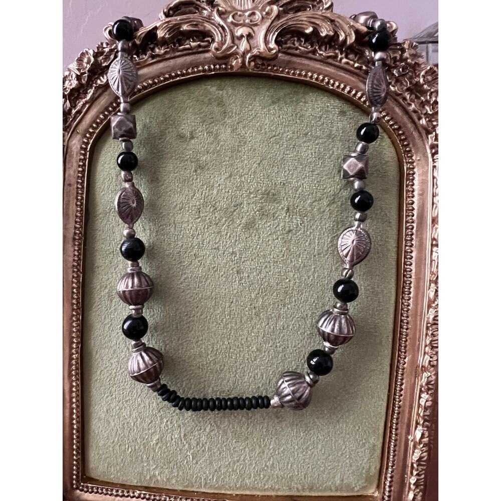 Vintage Tribal Silver Tone Black Bead Necklace Bold Statement Jewelry Artisan